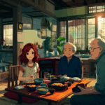 Airi having dinner with her landlords, an old japanese gay couple