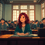 Airi sitting in a lecture hall at a japanese University studying journalism