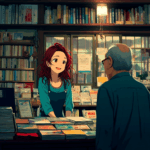 Airi working in a japanese bookshop giving advice to a customer