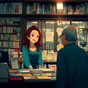 Airi working in a japanese bookshop giving advice to a customer