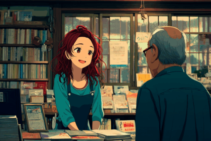 Airi working in a japanese bookshop giving advice to a customer