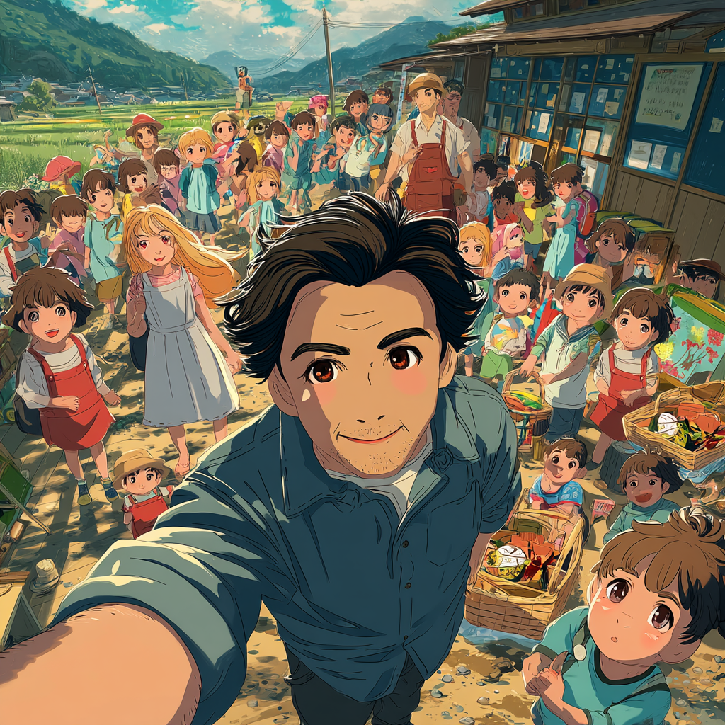 Ichiro doing an excursion with all the children of his kindergarten group