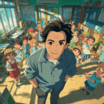Ichiro working in a japanese kindergarten among all the children of his group