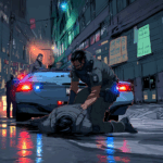 I slammed the suspect against the hood of my cruiser, pinning his arm behind his back as neon lights from a nearby holo-advertisement flickered across the rain-slicked street