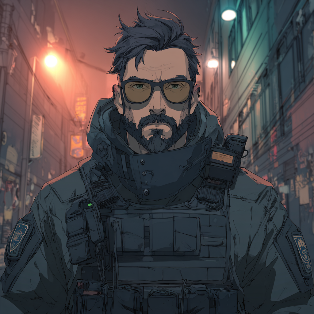 Jorren_An agent in his uniform in Berlin in a cyberpunk future. Comic / Manga-Style