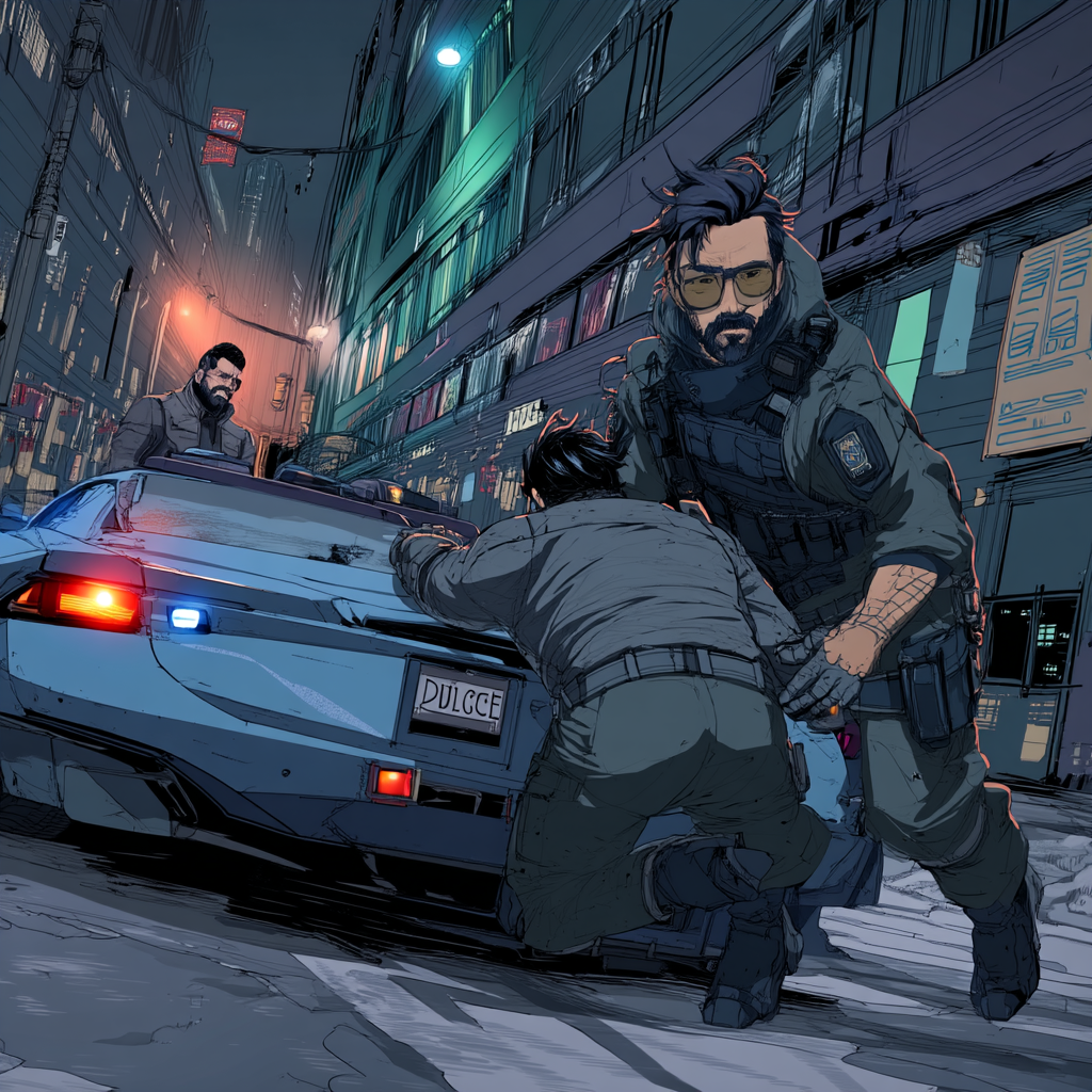 Jorren_An agent catching a criminal in Berlin in a cyberpunk future. Comic / Manga-Style