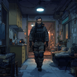 Jorren_An agent coming home into his gloomy appartment in Berlin in a cyberpunk future. Comic / Manga-Style