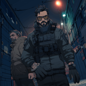 Jorren_An agent catching a criminal with handcuffs in Berlin in a cyberpunk future. Comic / Manga-Style