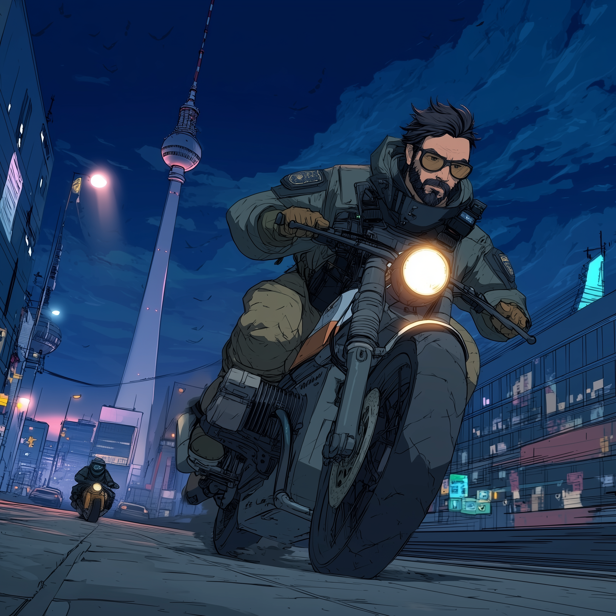 Jorren_An agent catching a criminal in Berlin in a cyberpunk future. Comic / Manga-Style