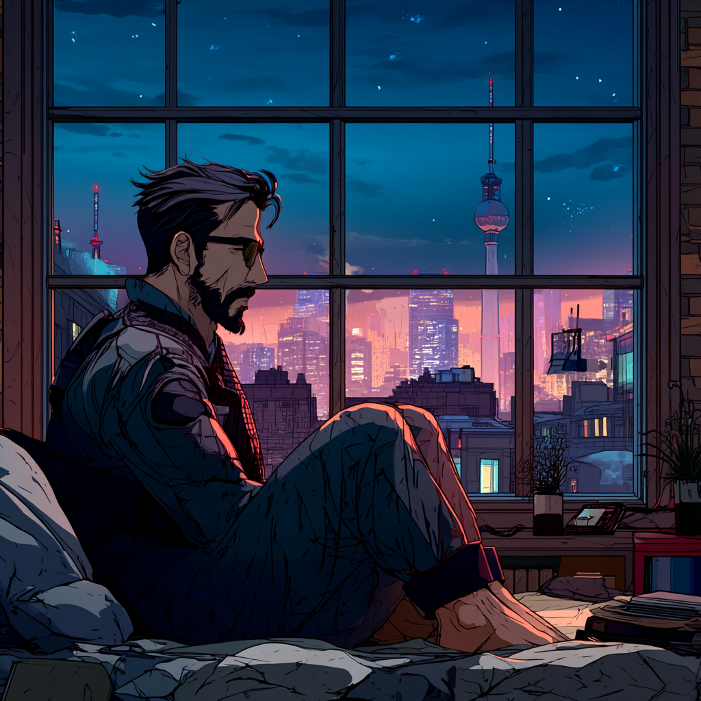 Jorren_An agent sitting on his bednin Berlin in a cyberpunk future. Comic / Manga-Style