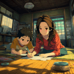 Yuki helping her brother doing homework