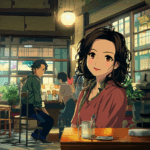 Yuki in the cafeteria of the japanese university with another student looking at her