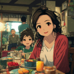 Yuki and her small brother Haru having a japanese breakfast. Image in Manga style