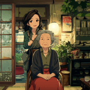 Yuki_visiting her grandmother and brushing her hair