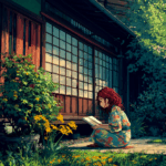 Airi reading a book in the garden