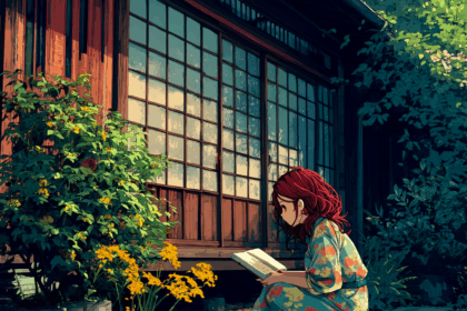 Airi reading a book in the garden