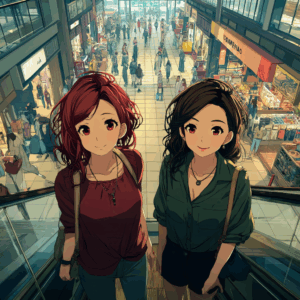 Airi meeting her friend Yuki in a japanese mall